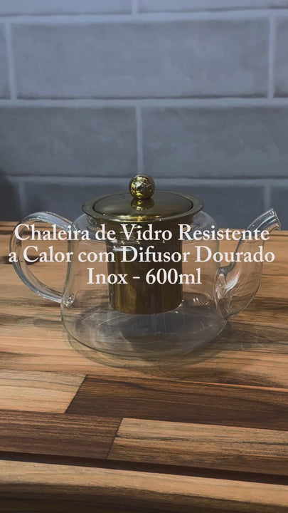 Chaleira de Vidro Resistente a Calor com Difusor Dourado Inox 600ml - Wolff